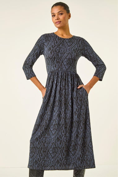 Roman Grey Abstract Print Midi Dress