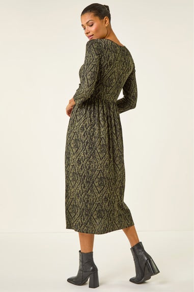 Roman Khaki Abstract Print Midi Dress