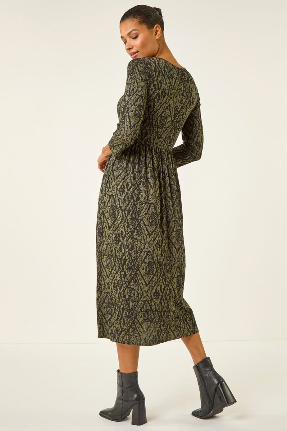 Roman Khaki Abstract Print Midi Dress