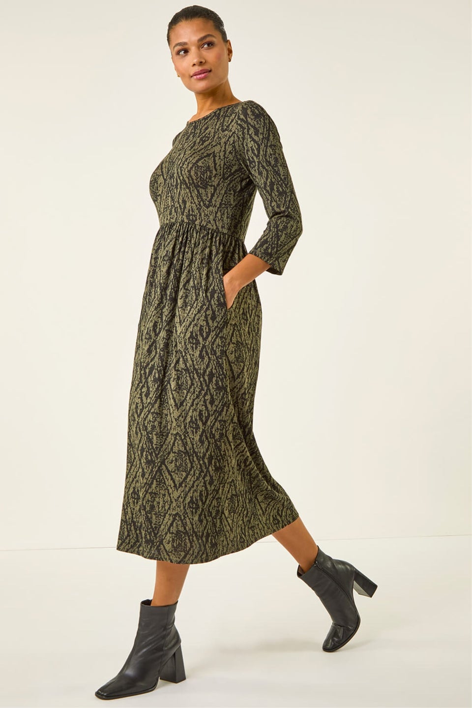 Roman Khaki Abstract Print Midi Dress