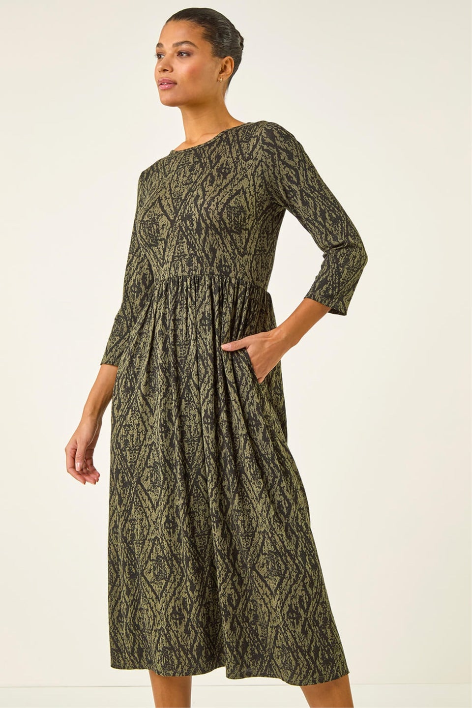 Roman Khaki Abstract Print Midi Dress