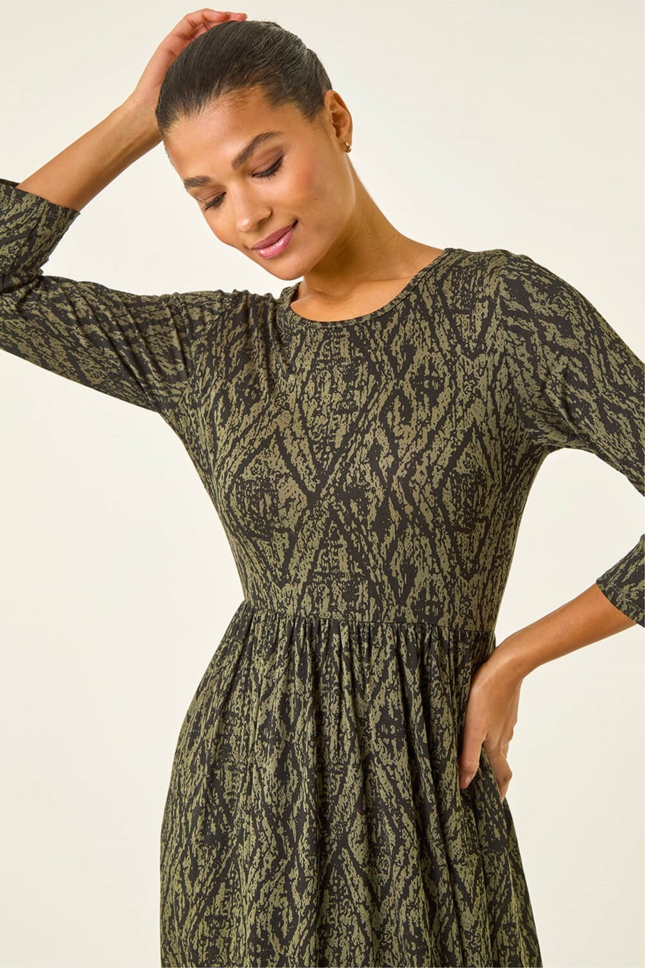 Roman Khaki Abstract Print Midi Dress