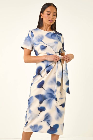 Roman Navy Petite Print Tie Waist Midi Dress