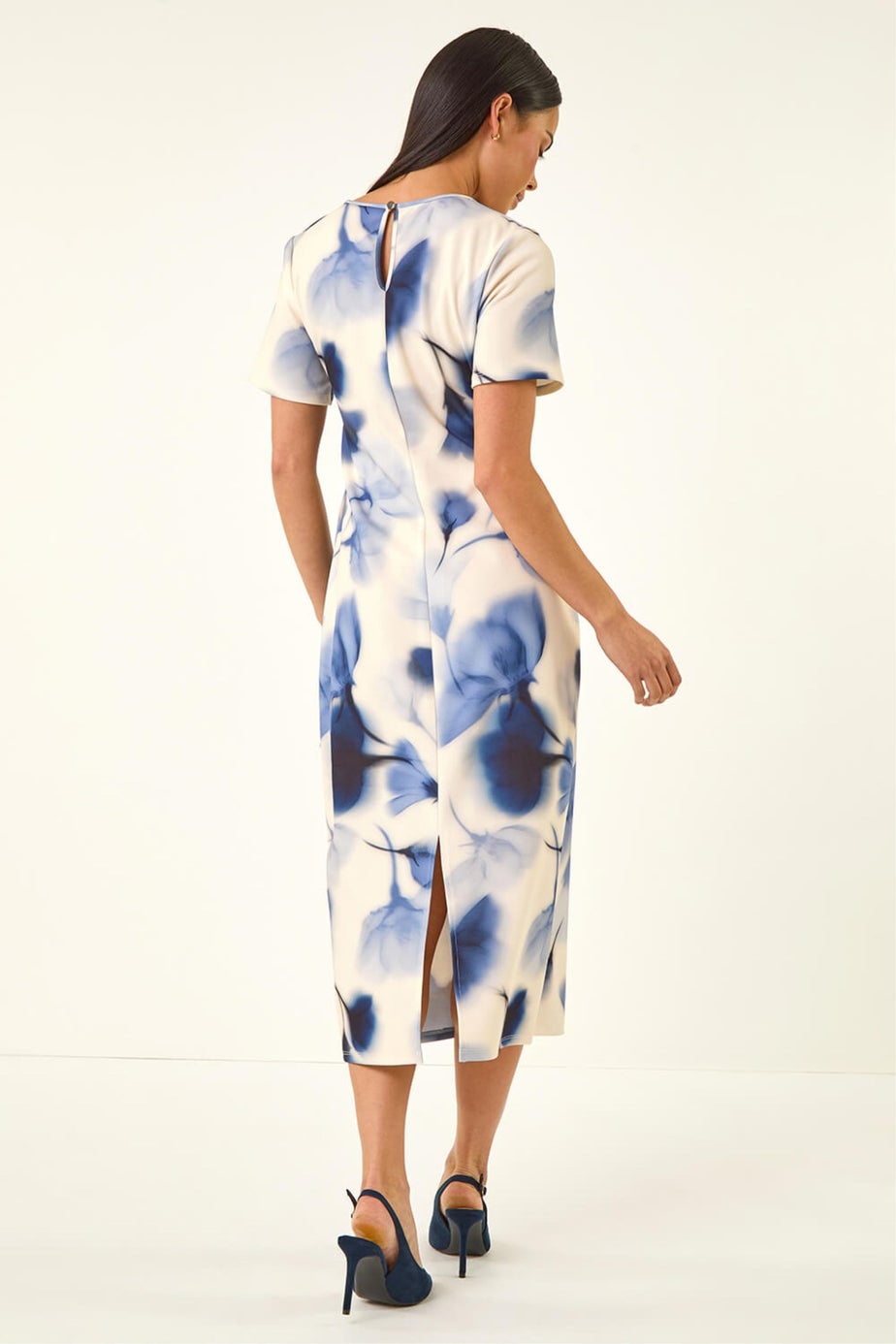 Roman Navy Petite Print Tie Waist Midi Dress