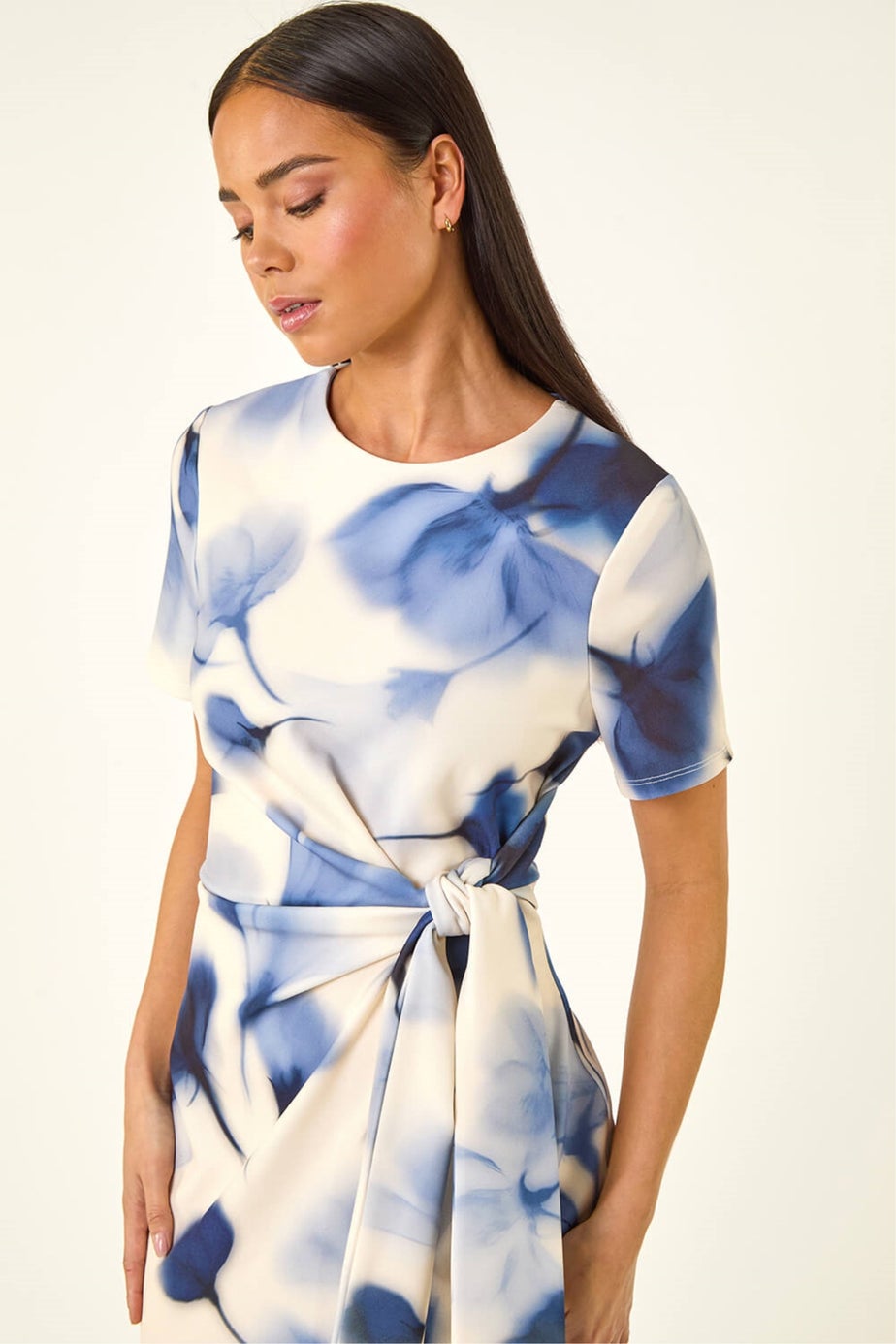 Roman Navy Petite Print Tie Waist Midi Dress