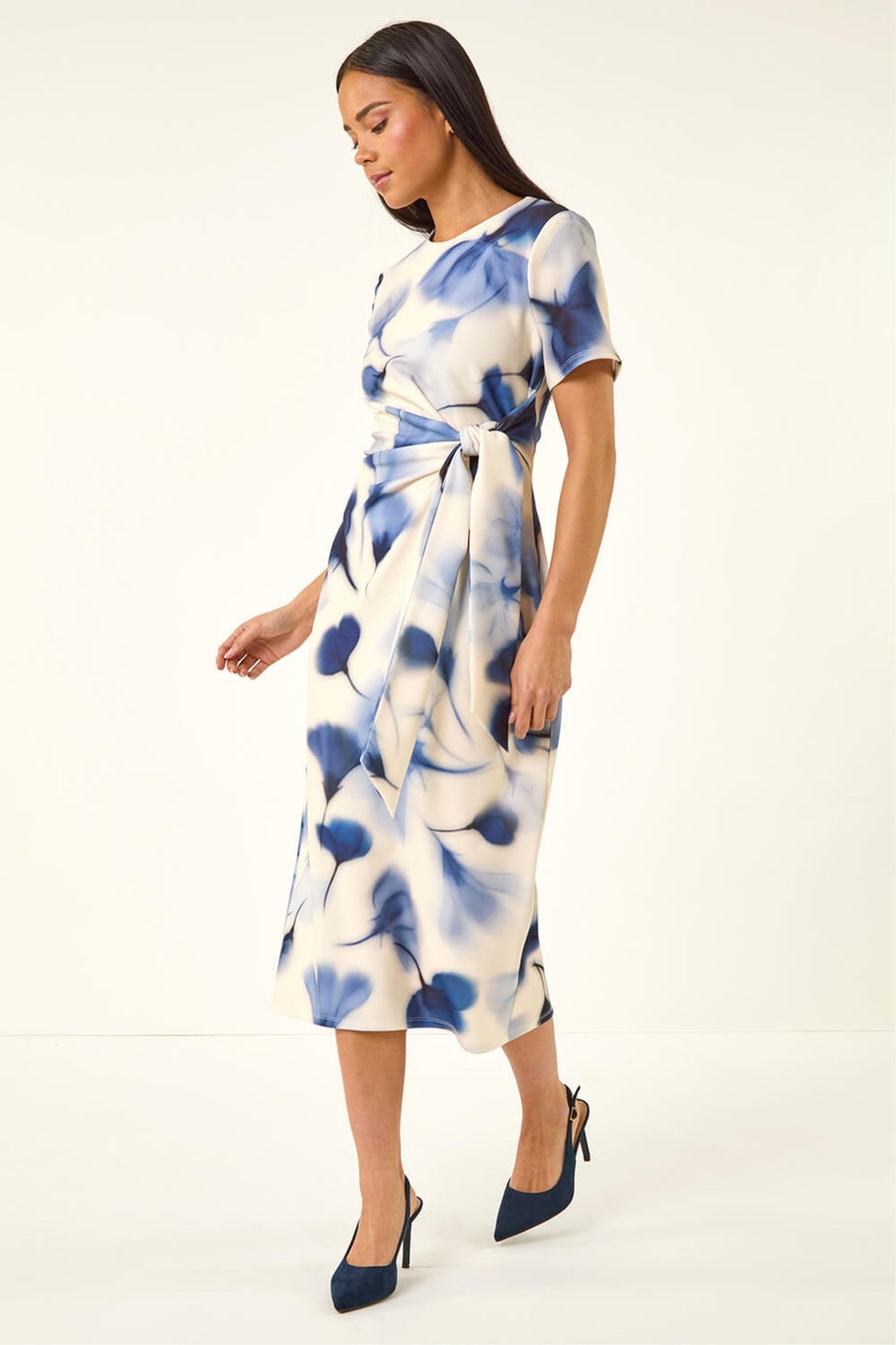 Roman Navy Petite Print Tie Waist Midi Dress