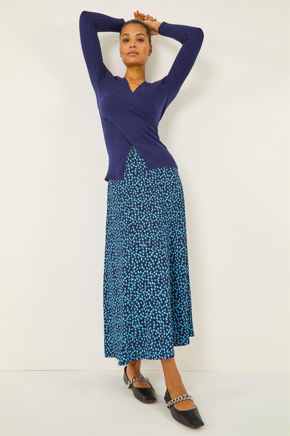 Roman Mid Navy Floral Print Stretch Midi Skirt