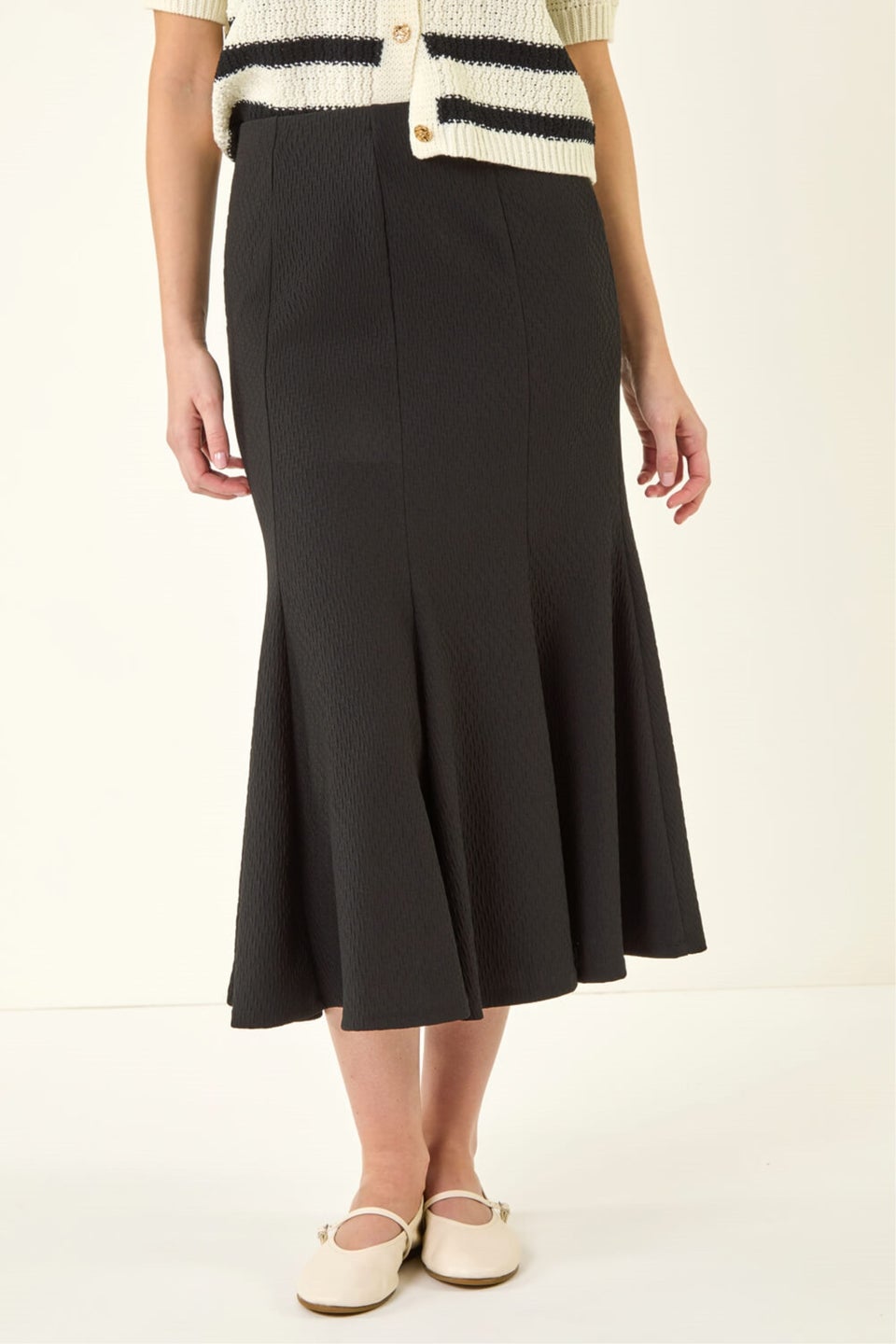 Roman Black Textured Panel Stretch Maxi Skirt