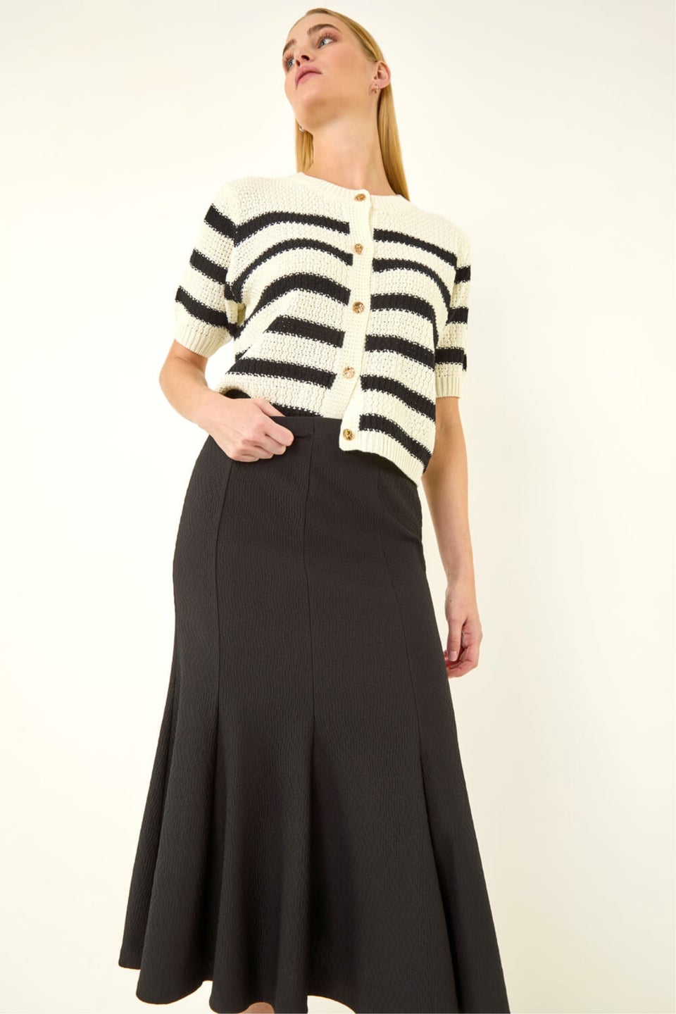 Roman Black Textured Panel Stretch Maxi Skirt