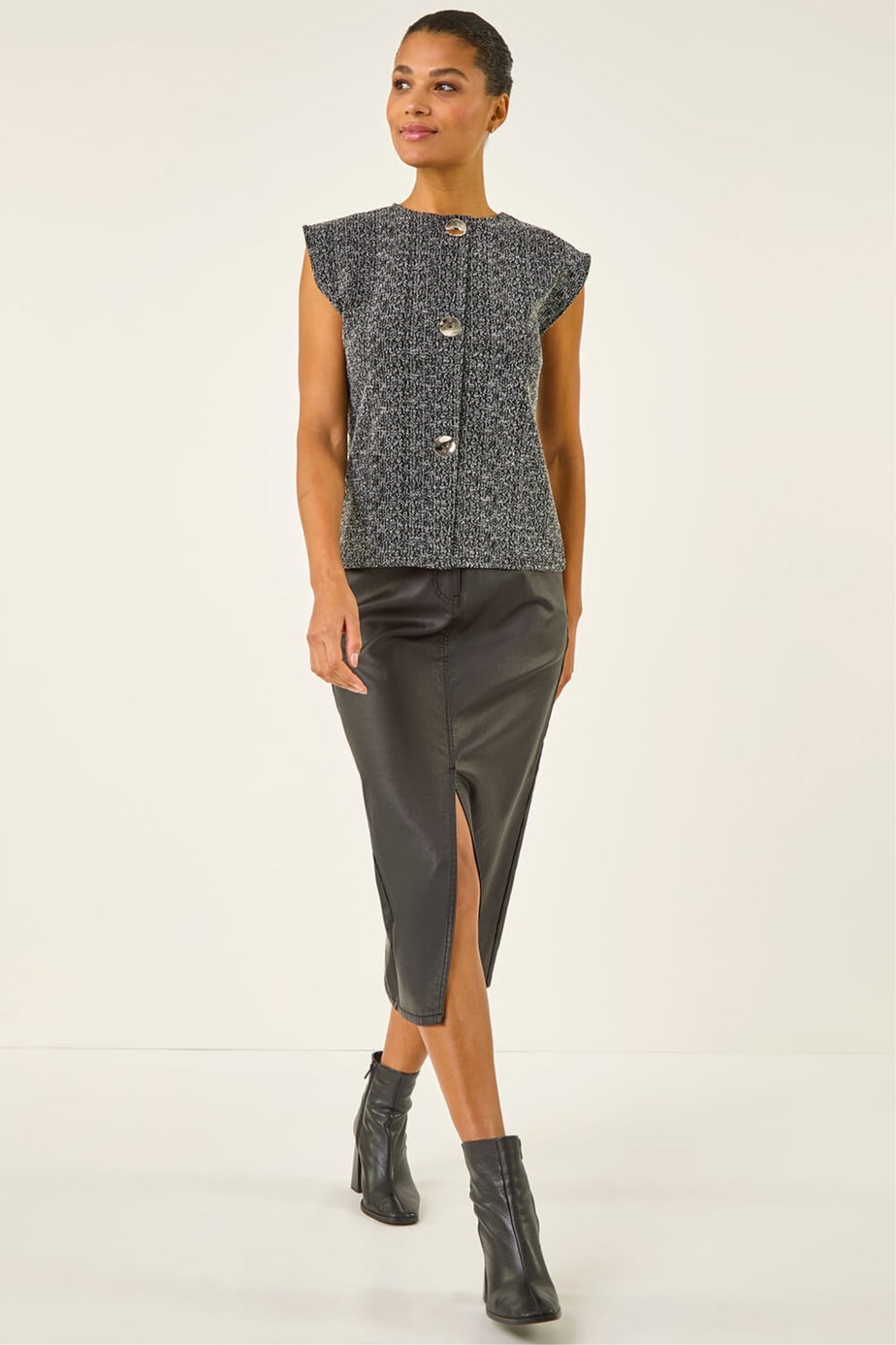 Roman Black Textured Mock Button Waist Coat