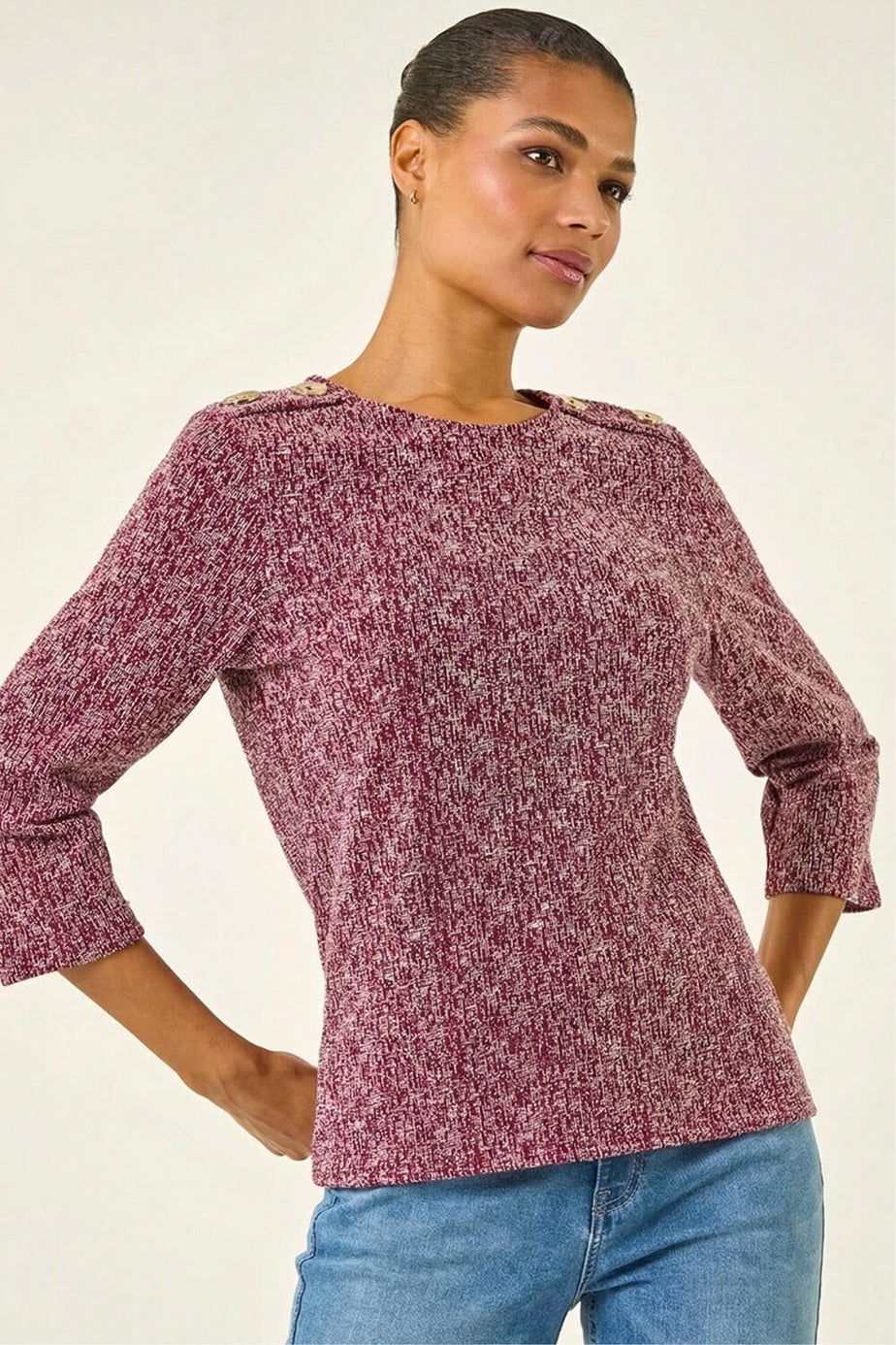 Roman Burgundy Textured Button Shoulder Top