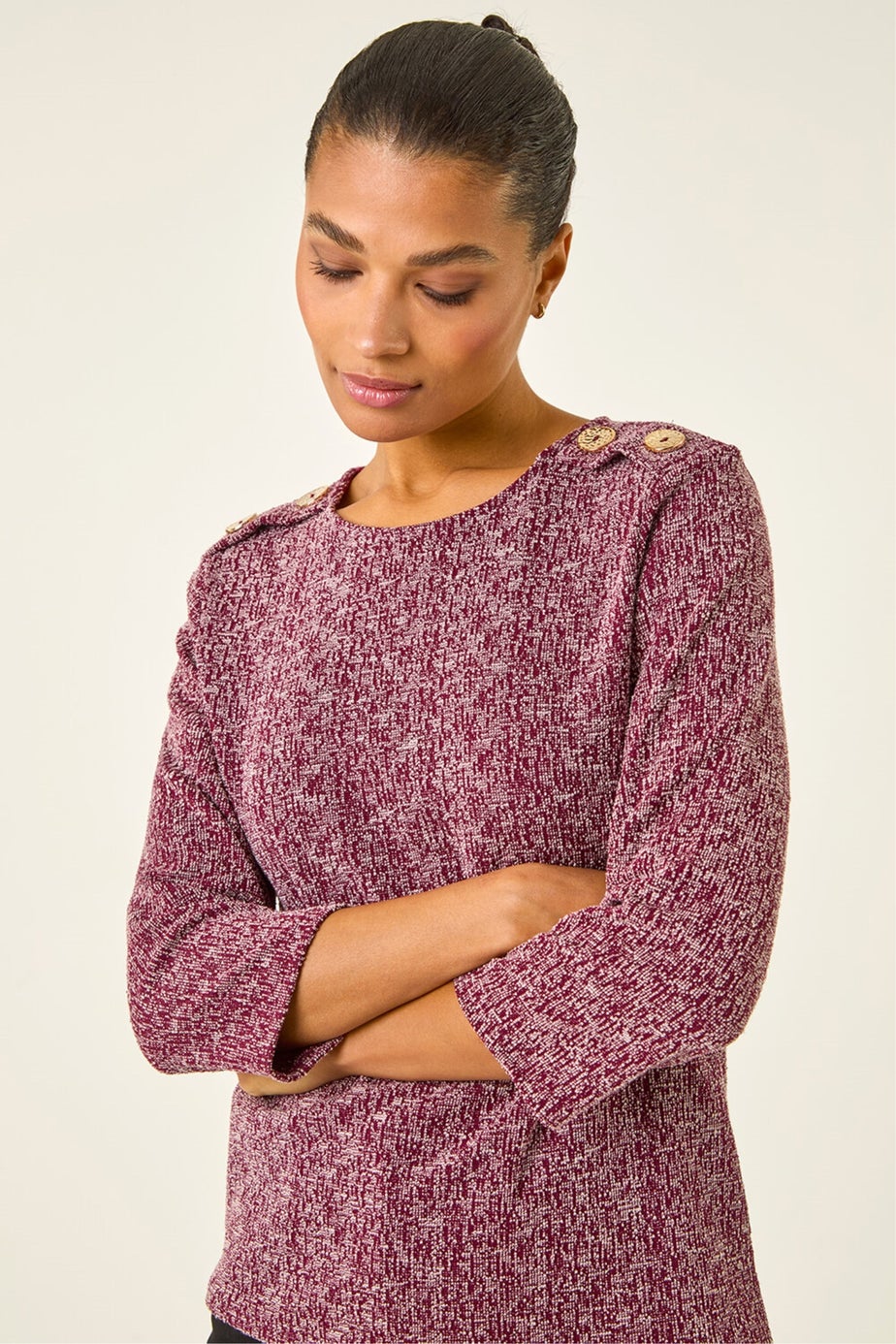 Roman Burgundy Textured Button Shoulder Top
