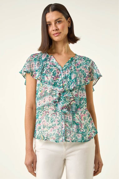 Roman Green Abstract Print Ruffle Front Blouse