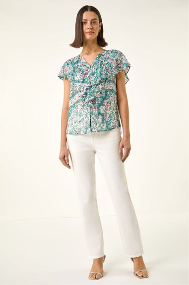Roman Green Abstract Print Ruffle Front Blouse
