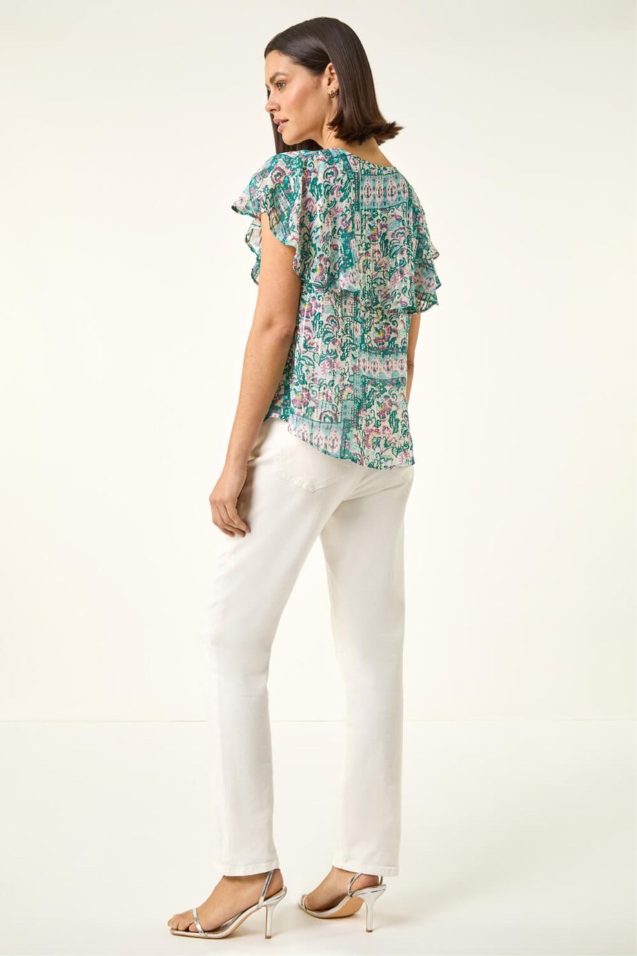 Roman Green Abstract Print Ruffle Front Blouse