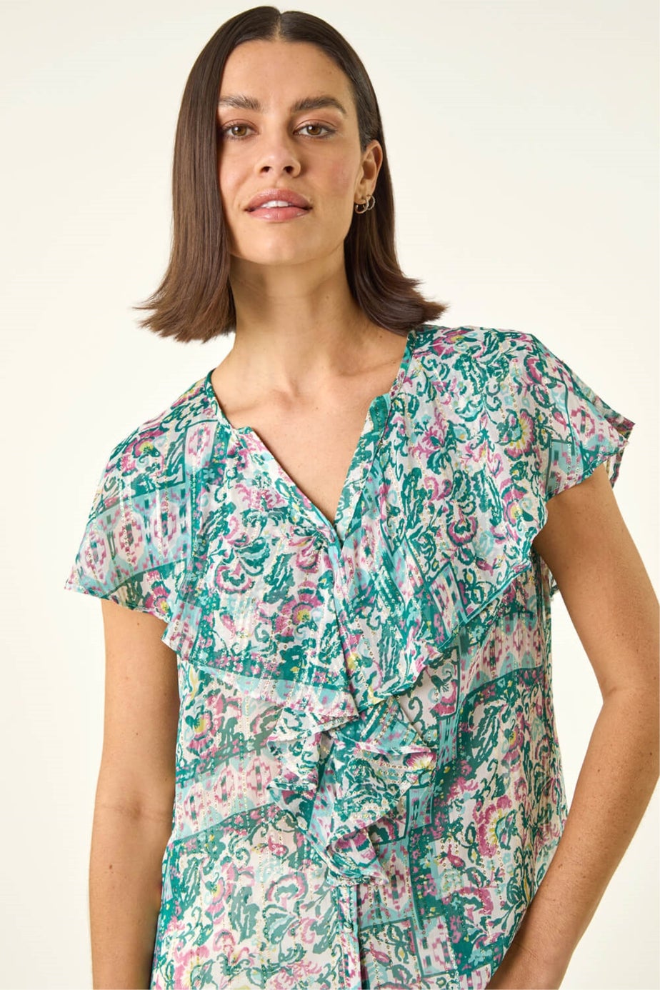 Roman Green Abstract Print Ruffle Front Blouse