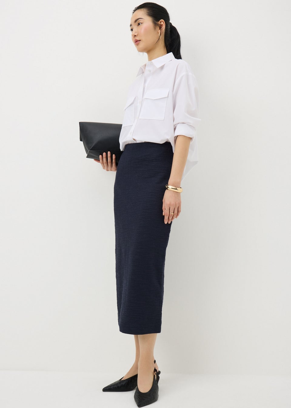 Navy Boucle Midi Skirt