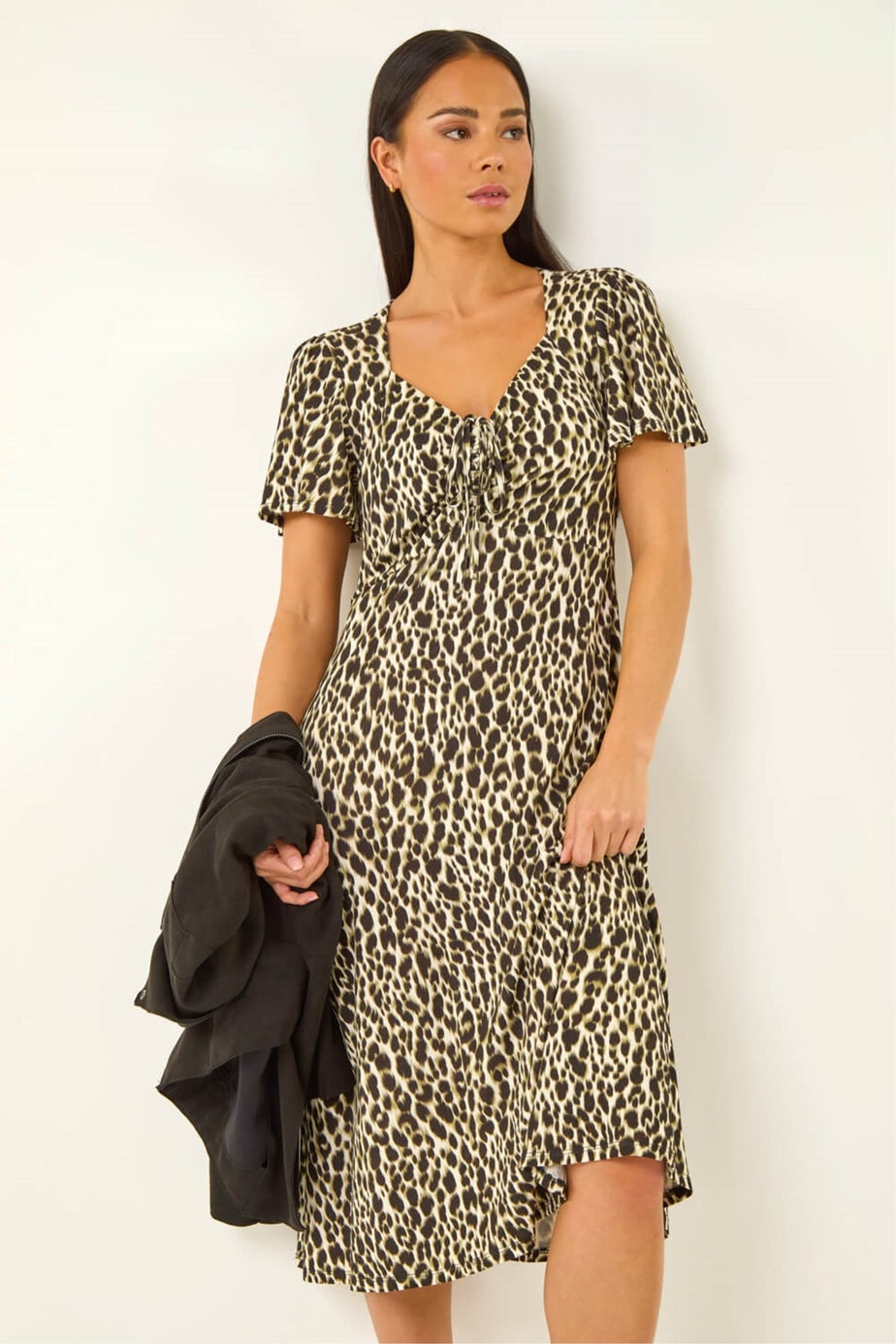 Roman Khaki Petite Animal Print Drawstring Midi Dress