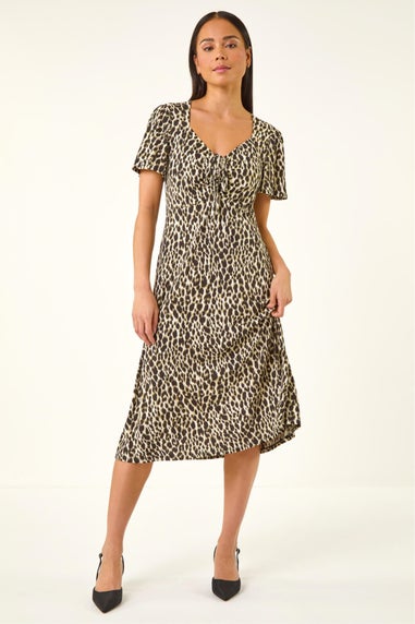 Roman Khaki Petite Animal Print Drawstring Midi Dress