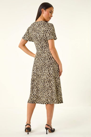 Roman Khaki Petite Animal Print Drawstring Midi Dress