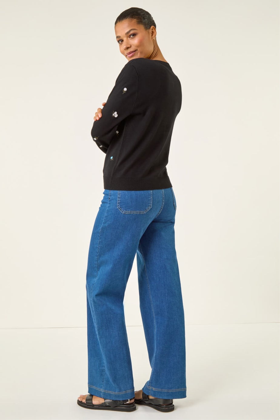 Roman Black Floral Embroidered Knit Cardigan