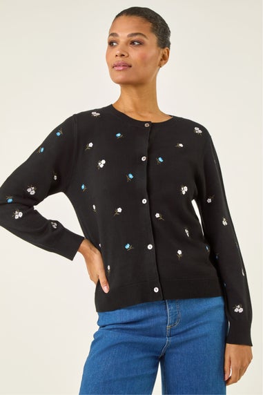 Roman Black Floral Embroidered Knit Cardigan
