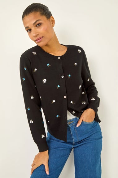 Roman Black Floral Embroidered Knit Cardigan