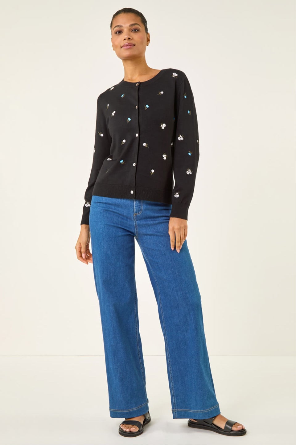 Roman Black Floral Embroidered Knit Cardigan