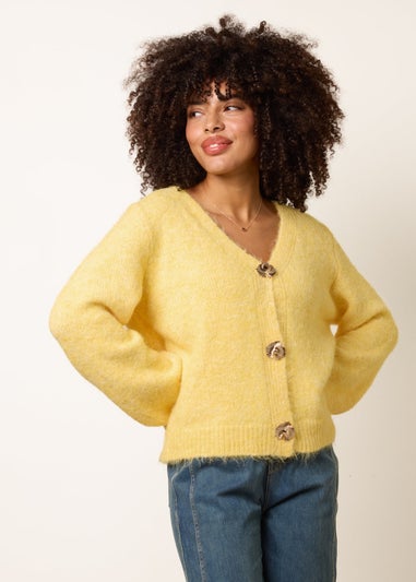 Blue Vanilla Yellow Gold Tone Flower Embossed Button Cardigan