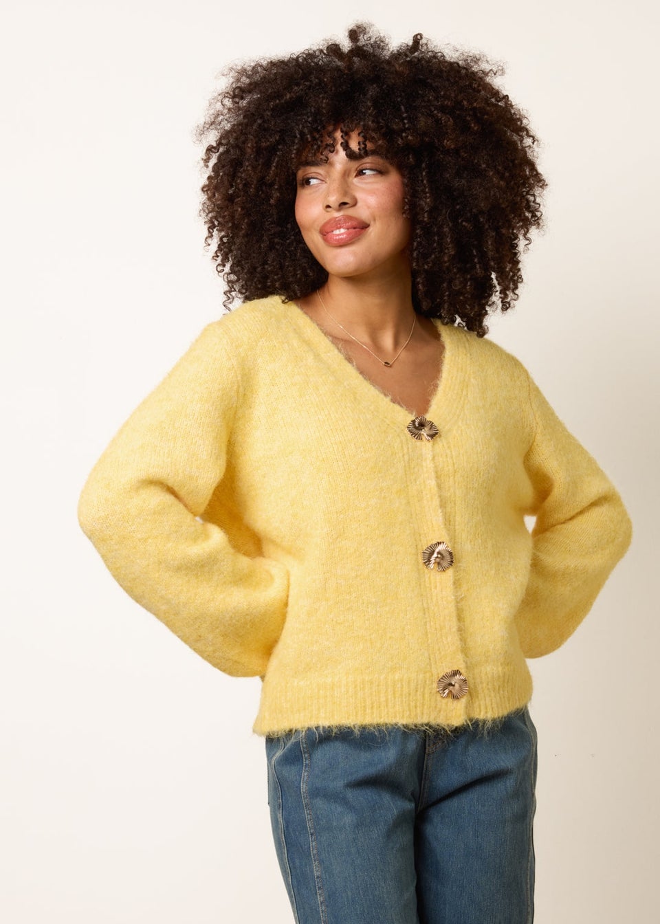 Blue Vanilla Yellow Gold Tone Flower Embossed Button Cardigan