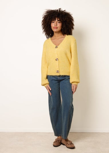 Blue Vanilla Yellow Gold Tone Flower Embossed Button Cardigan