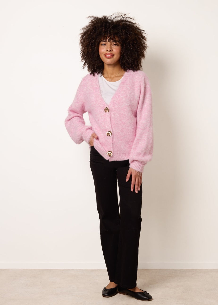 Blue Vanilla Pink Gold Tone Flower Embossed Button Cardigan