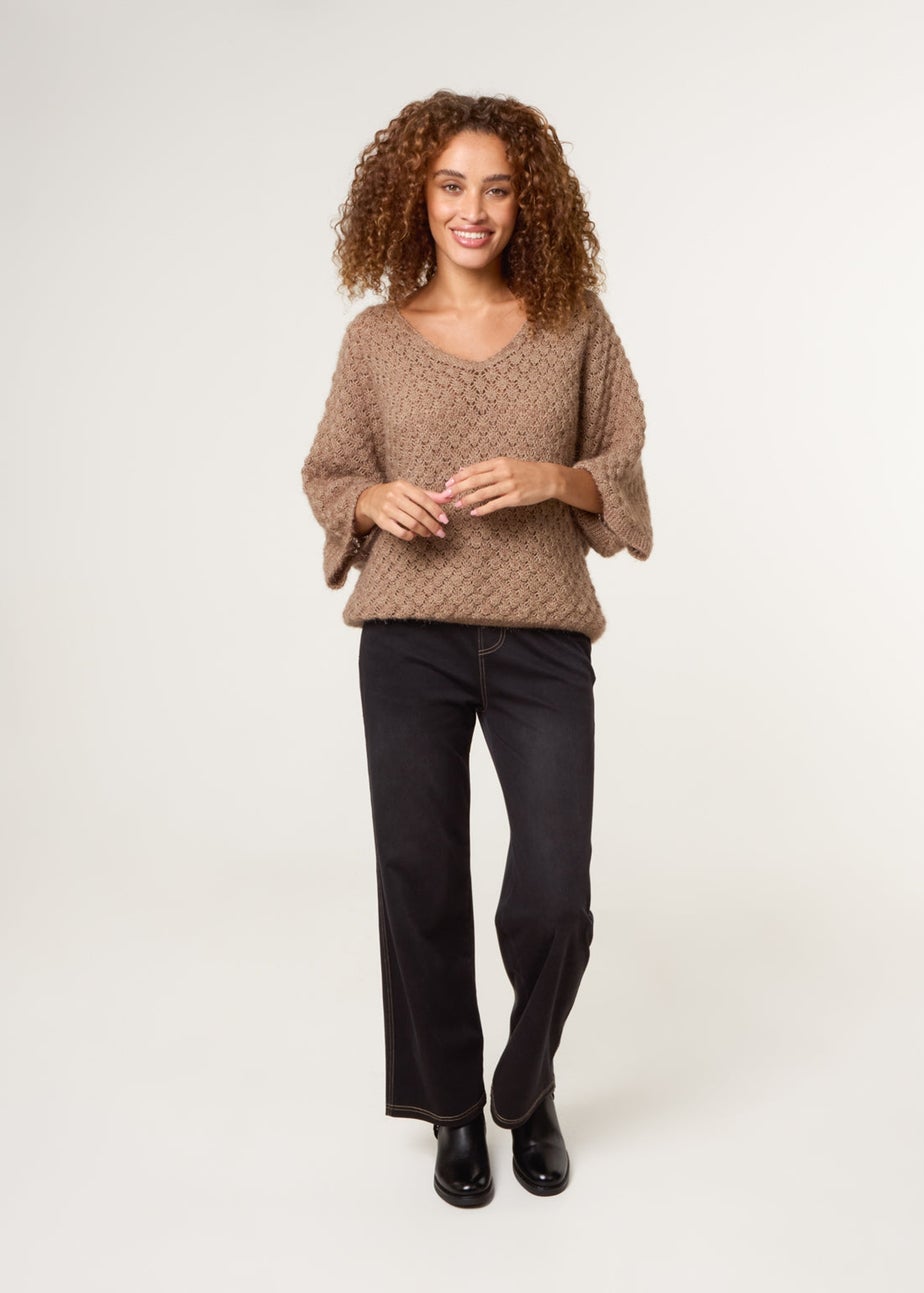 Blue Vanilla Beige Pointelle Knit Batwing Jumper