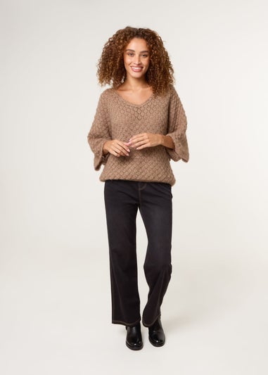Blue Vanilla Beige Pointelle Knit Batwing Jumper