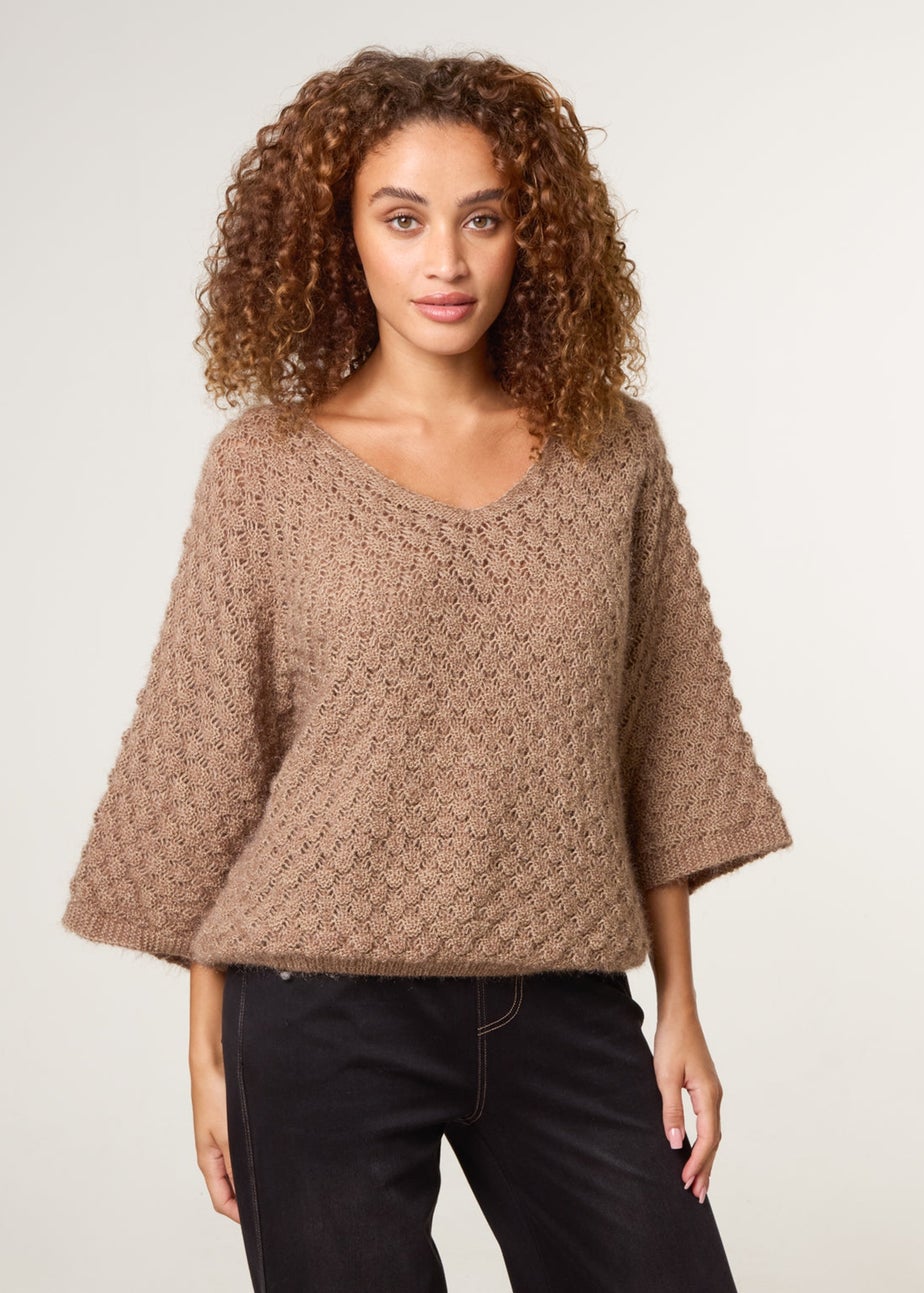Blue Vanilla Beige Pointelle Knit Batwing Jumper
