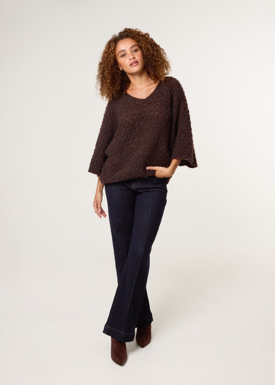 Blue Vanilla Brown Pointelle Knit Batwing Jumper