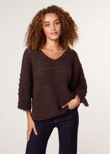 Blue Vanilla Brown Pointelle Knit Batwing Jumper