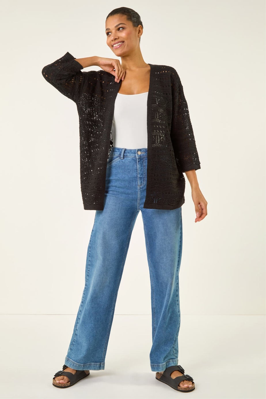 Roman Black 3/4 Sleeve Stitch Detail Cardigan