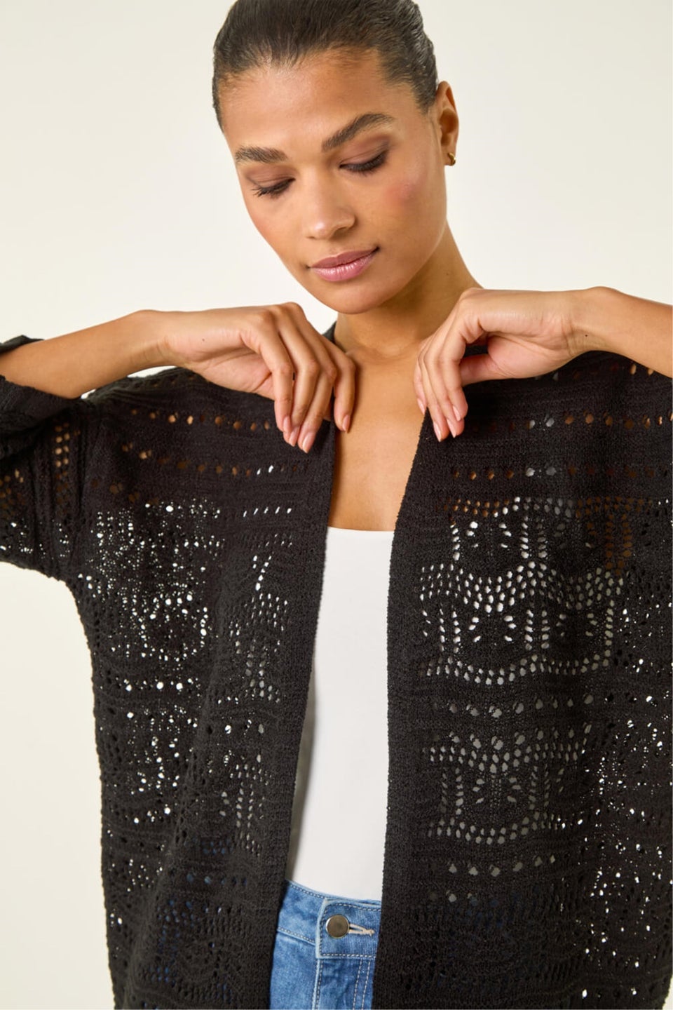 Roman Black 3/4 Sleeve Stitch Detail Cardigan