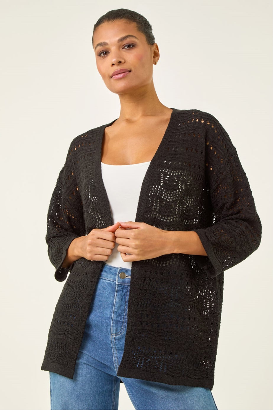 Roman Black 3/4 Sleeve Stitch Detail Cardigan