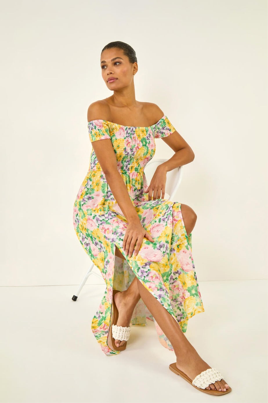 Roman Yellow Floral Print Bardot Shirred Midi Dress
