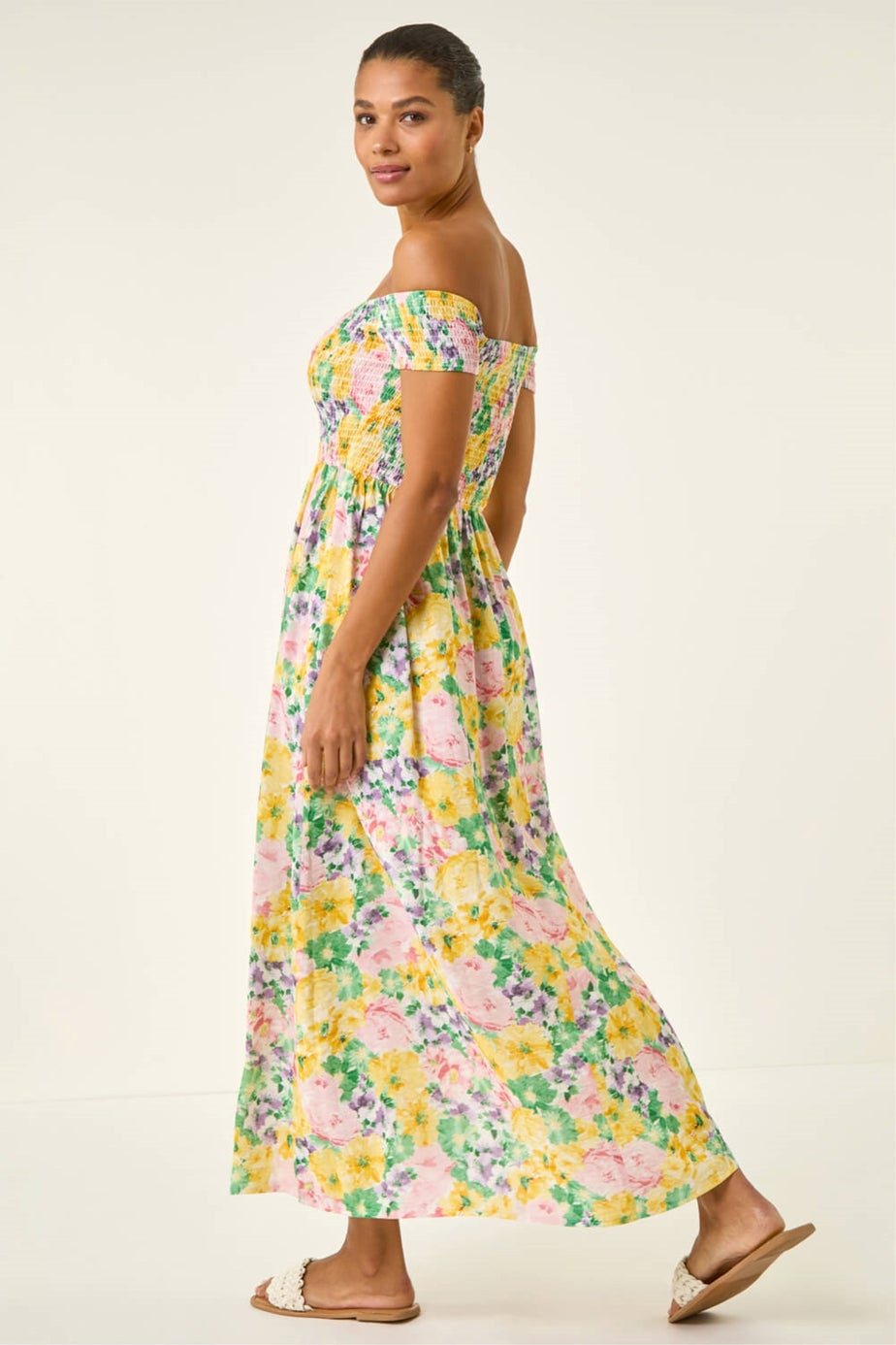 Roman Yellow Floral Print Bardot Shirred Midi Dress