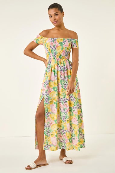 Roman Yellow Floral Print Bardot Shirred Midi Dress