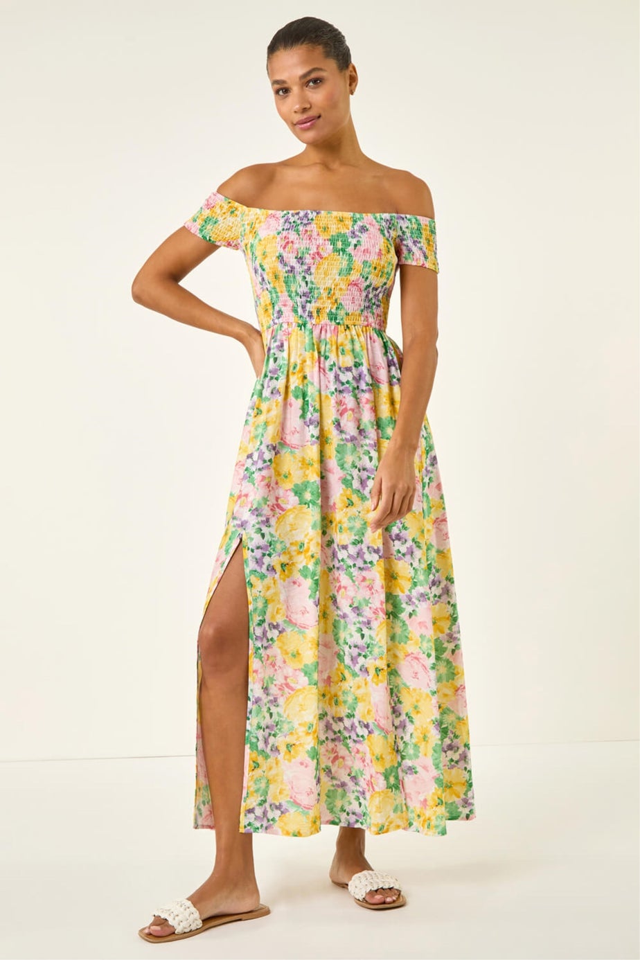 Roman Yellow Floral Print Bardot Shirred Midi Dress
