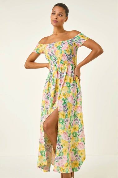 Roman Yellow Floral Print Bardot Shirred Midi Dress