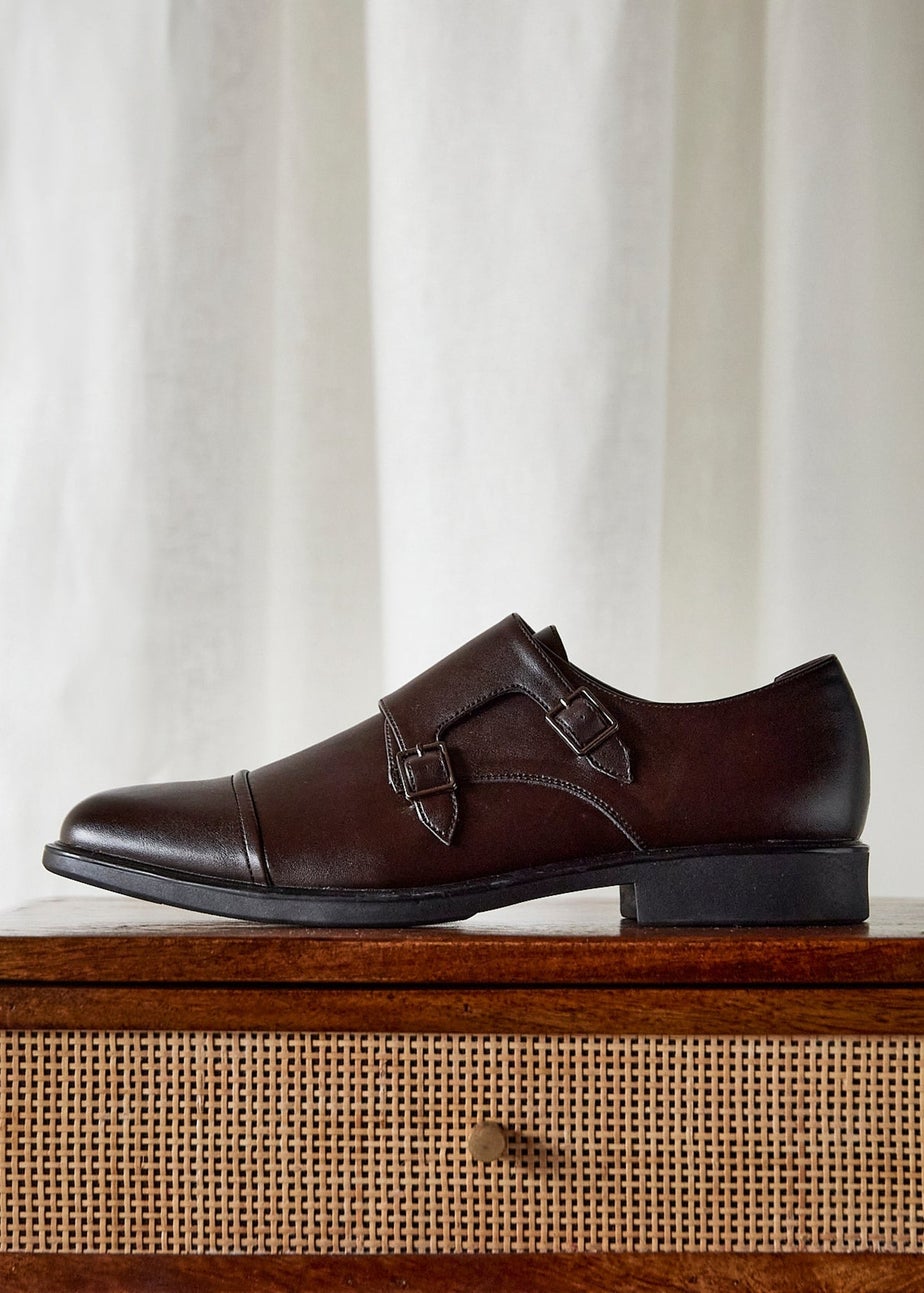 Linzi Marcello Mens Dark Brown Faux Leather Monk Strap Shoes