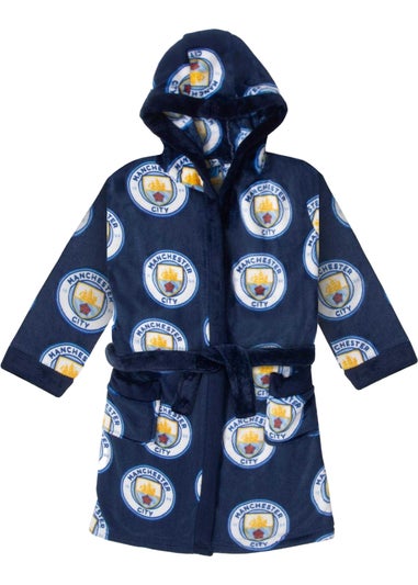 Manchester City FC Boys Navy Crest Fleece All-Over Print Dressing Gown (5-14yrs)