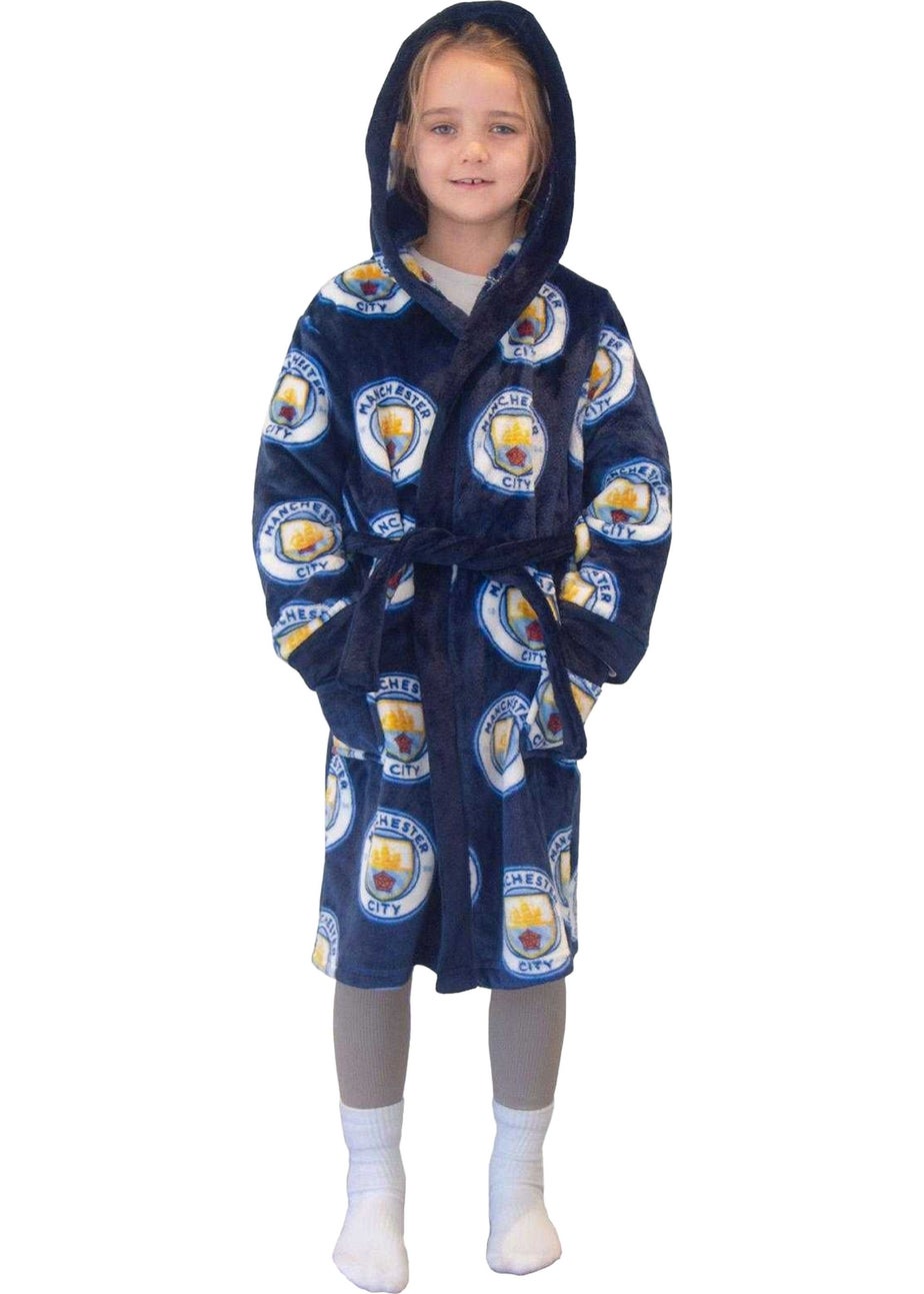 Manchester City FC Boys Navy Crest Fleece All-Over Print Dressing Gown (5-14yrs)