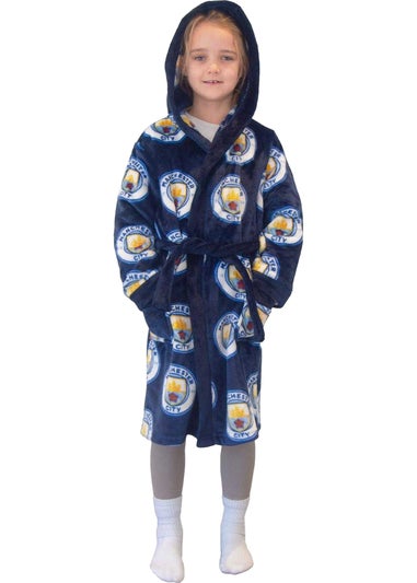 Manchester City FC Boys Navy Crest Fleece All-Over Print Dressing Gown (5-14yrs)