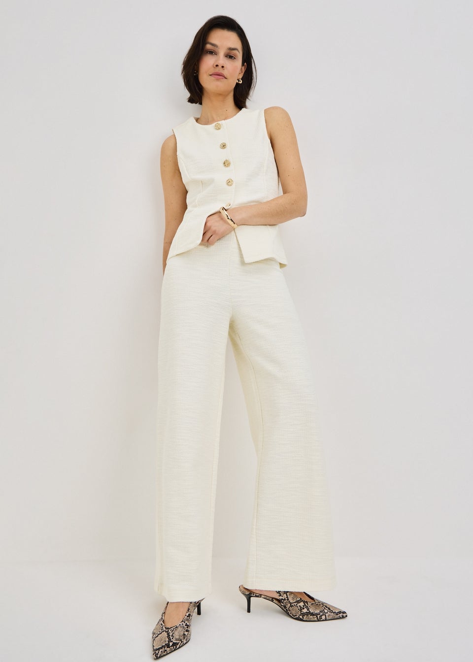 Stone Boucle Wide Leg Co Ord Trousers